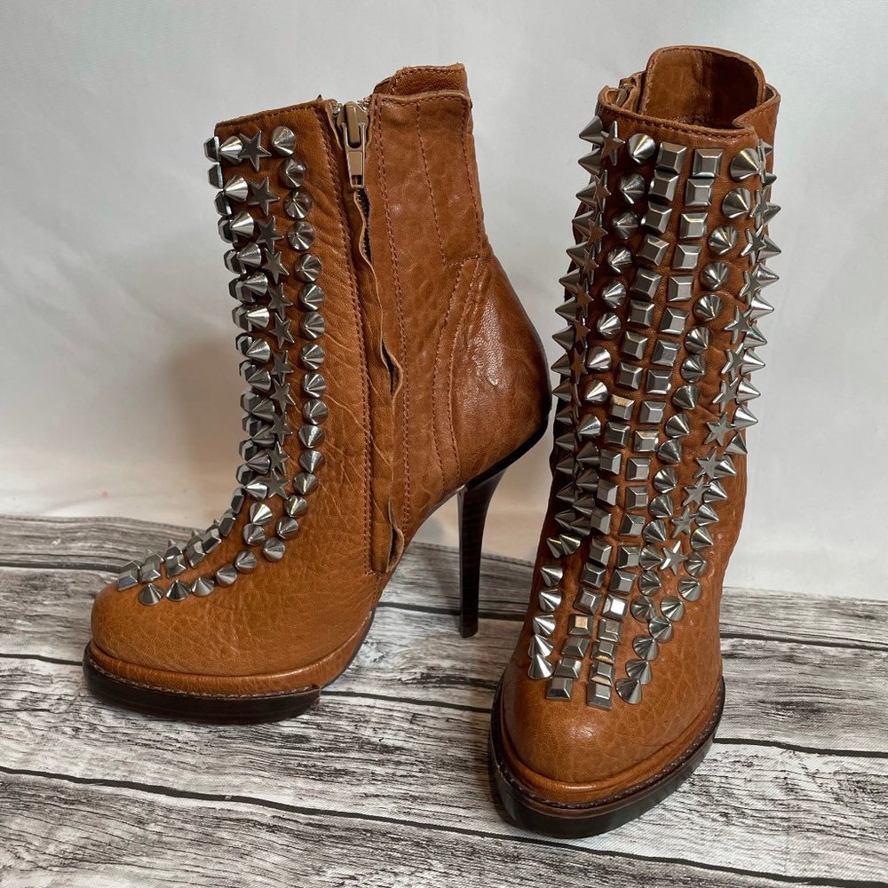 Jeffrey Campbell Handmade Leather Spike Stiletto Booties Warm Cognac Brown 6